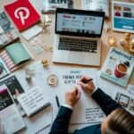 En person omgivet af magasiner Pinterest boards og online shopping sites der noterer og skitserer trendy adventsgaver til 2024