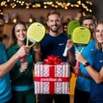 A group of friends unwrapping a sporty advent gift from padelbat dk excitedly holding up new paddle bats