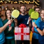 A group of friends unwrapping a sporty advent gift from padelbat dk excitedly holding up new paddle bats